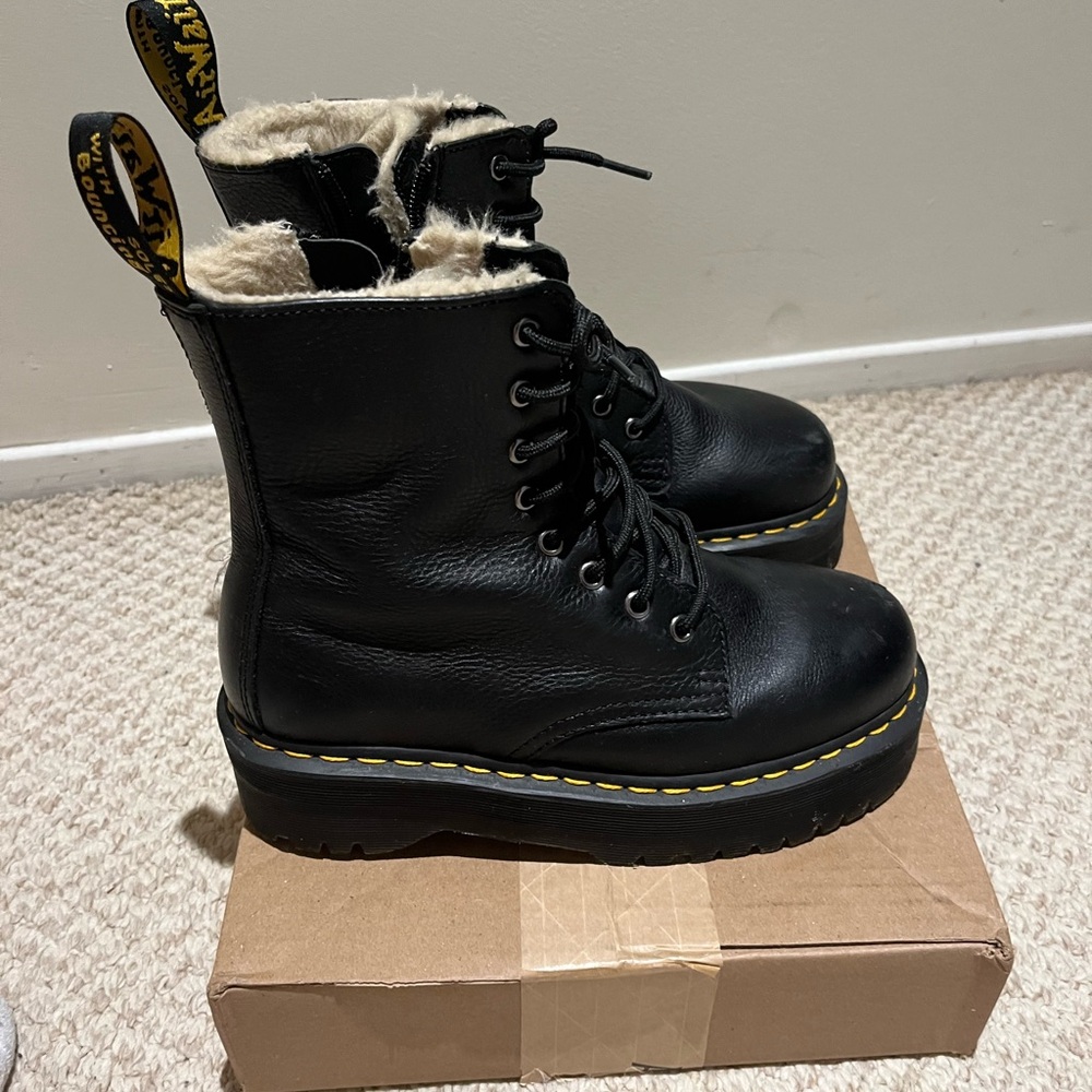 Dr. Martens Black Leather Combat Boots with Yellow Stitching